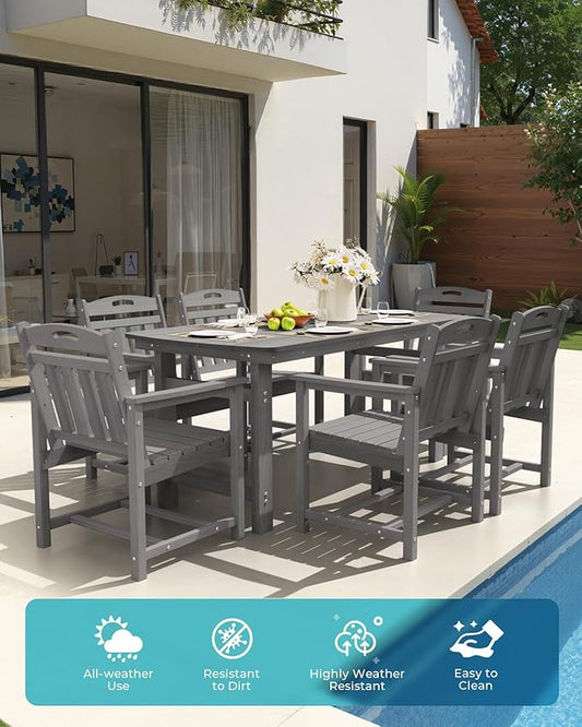 Ciokea HDPE Outdoor Dining Set 7-Piece Patio Table and Chairs with Umbrella Hole, All-Weather Patio Dining Set for 6, Durable Patio Furniture Set for Backyard, Garden, Lawn & Poolside, Grey