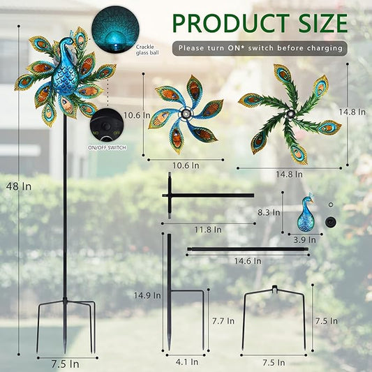 Solar Wind Spinner Outdoor Metal Kinetic Wind Spinners with LED Lighting Glass Ball Peacock Wind Spinner with Stake Decorative Windmill for Yard Lawn Garden Patio Decor