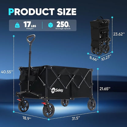 Sekey Collapsible Foldable Wagon with 330lbs Weight Capacity, Heavy Duty Folding Wagon Cart with Big All-Terrain Wheels & Drink Holders. Black