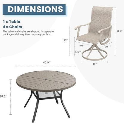 DIFY 5 Pieces Outdoor Patio Dining Set, 4 Sandshell Textilene Swivel Dining Chairs and 40.6" Grey Wood-Like Round Metal Dining Table, Outdoor Table and Chairs
