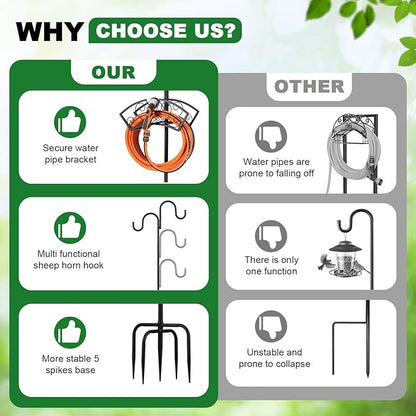 Double Shepherds Hooks for Outdoor, Upgraded Heavy Duty Bird Feeder Pole, Freestanding Hose Stand Adjustable Water Hose Holder with 5 Prongs Base, Thickened Garden Hooks for Outside Yard Lawn