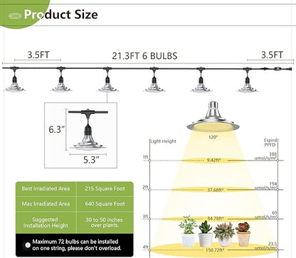 Espird Outdoor LED Grow Light with Timer, 6-Bulbs Full Spectrum Grow Light Strip, Waterproof Plant Lamps, UL Certified String Grow Lights for Greenhouse Garden, 21.3FT Light for Veg Seedling Flower