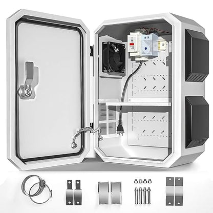 Outdoor Electrical Box with Thermostat and Fan, Cold-Rolled Steel Plate, Aluminum Alloy Back Beam, One-Piece Ventilation Design, IP65 Waterproof, Wall/Pole Mounted. (17.7" x 13.8" x 7.9")