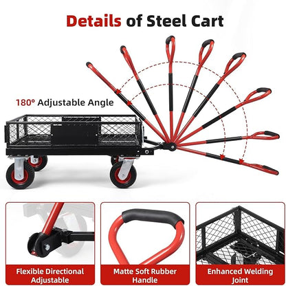 Heavy Duty Steel Garden Dump Cart,Meatl Utility Wagon with Removable Sides & 180° Rotating Handle, Utility Dump Cart with 10-Inch All Terrain Wheels for Yard Lawn and Farm