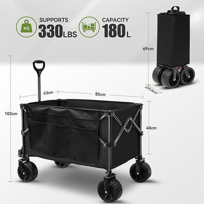 TECKNET Collapsible Foldable Wagon Cart, 150kg/330Lbs Weight Heavy Duty Folding Wagon with All-Terrain Big Wheels, Utility Wagon with Side Pocket for Grocery, Shopping, Sports, Garden, Camping