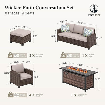 HERA'S HOUSE Patio Furniture Set, Outdoor Wicker Furniture with Fire Pit, 8 Pieces Deep Seating Outdoor Conversation Sofa Sets with Thick Cushions for Deck Backyard Lawn, Beige