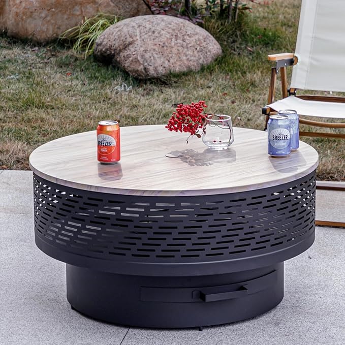 32" Wood Burning Fire Pits with Grill & Lid, Fire Pit Table for Outside with Waterproof Cover & Fire Poker, Outdoor Firepit with Functions for BBQ,Table and Bonfire