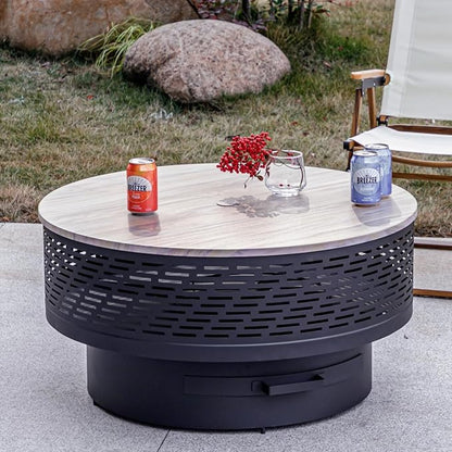32" Wood Burning Fire Pits with Grill & Lid, Fire Pit Table for Outside with Waterproof Cover & Fire Poker, Outdoor Firepit with Functions for BBQ,Table and Bonfire