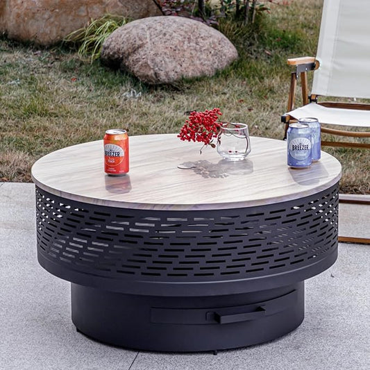 32" Wood Burning Fire Pits with Grill & Lid, Fire Pit Table for Outside with Waterproof Cover & Fire Poker, Outdoor Firepit with Functions for BBQ,Table and Bonfire