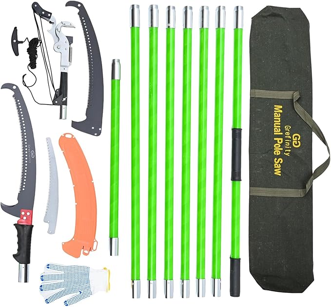 27FT Manual Pole Saw, Tree Branch Trimmer with 8-Section Fiberglass Handle, Sharp Steel Blade and Heavy-Duty Giant Pruning Scissors, Design for High Branch Trimming, Ideal for Palm and Shrub