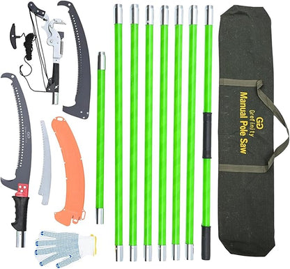 27FT Manual Pole Saw, Tree Branch Trimmer with 8-Section Fiberglass Handle, Sharp Steel Blade and Heavy-Duty Giant Pruning Scissors, Design for High Branch Trimming, Ideal for Palm and Shrub
