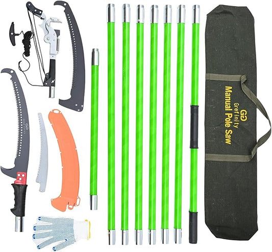 27FT Manual Pole Saw, Tree Branch Trimmer with 8-Section Fiberglass Handle, Sharp Steel Blade and Heavy-Duty Giant Pruning Scissors, Design for High Branch Trimming, Ideal for Palm and Shrub