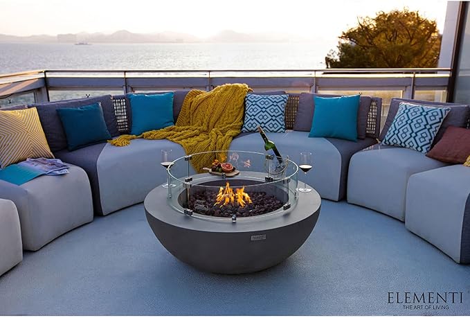 Elementi | Lunar Gas Fire Pit Cast Concrete 42" Round Fire Table, Outdoor Fire Pit Electronic Ignition | Canvas Cover, Lava Rock Included | Dark Gray (Propane Gas)