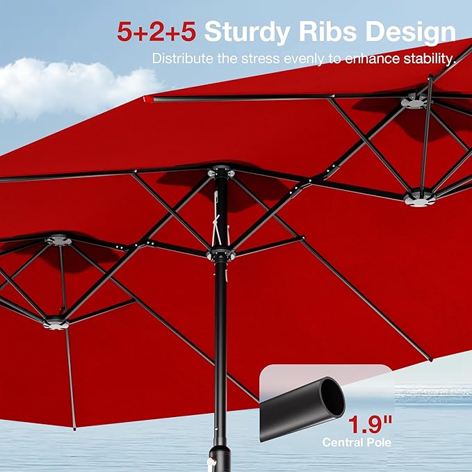 Joyside 15FT Large Patio Umbrella with Base Included, Outdoor Double Sided Umbrella, Rectangle Umbrella with Crank Handle, 12 Sturdy Ribs for Deck, Porch and Pool