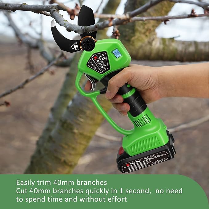 Cordless Electric Pruning Shears Battery Powered Tree Branch Pruner Cut Capacity of 40mm / 1.58inches, 2 x 2 Ah Lithium Rechargeable Battery 6-8 Working Hours Green