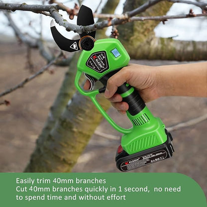 Cordless Electric Pruning Shears Battery Powered Tree Branch Pruner Cut Capacity of 40mm / 1.58inches, 2 x 2 Ah Lithium Rechargeable Battery 6-8 Working Hours Green