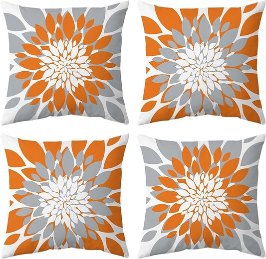 Qahing Pack of 4 Fall Outdoor Waterproof Pillow Covers 18x18 Decorative Outdoor Throw Pillows Garden Square Cushion Cases for Patio Furniture, Couch, Tent Sunbrella, Bench, Orange Grey