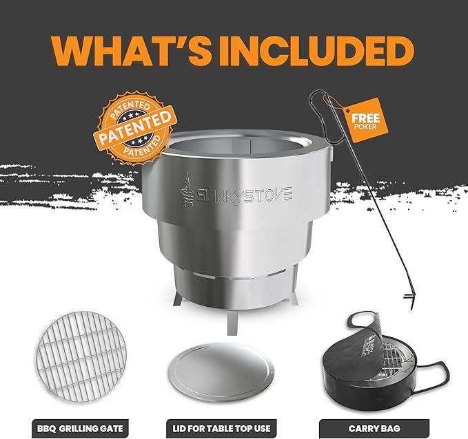 Slinky Stove Smokeless Fire Pit for Outdoor Wood-Burning - 7-Inch Patented Collapsible Firepit with Cooking Grill - Portable Stainless Steel Solo Pit for Camping, Backyard, Patio Bonfires