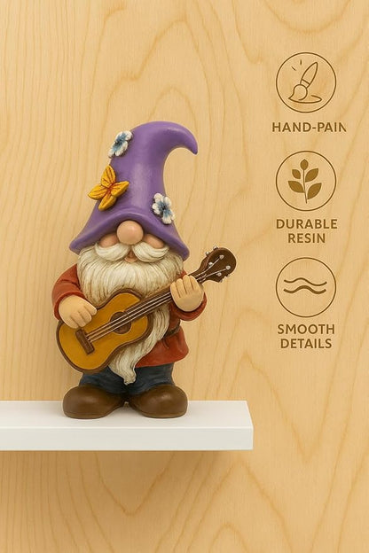 Musical Gnome Figurine with Guitar – Handcrafted Resin Garden or Shelf Decoration, 6.2" Tall Whimsical Gnome Statue with Purple Hat, Flowers & Butterfly, Gift for Music Lovers (Purple)