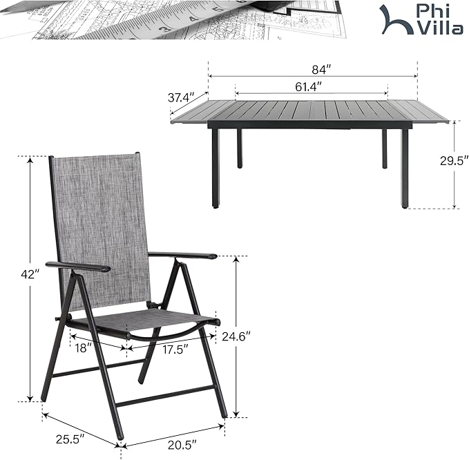 PHI VILLA 7 Piece Outdoor Patio Dining Set, Adjustable Folding Patio Chairs Reclining (Grey) with Extendable Metal Steel Dining Table for Outdoor, Garden, Lawn