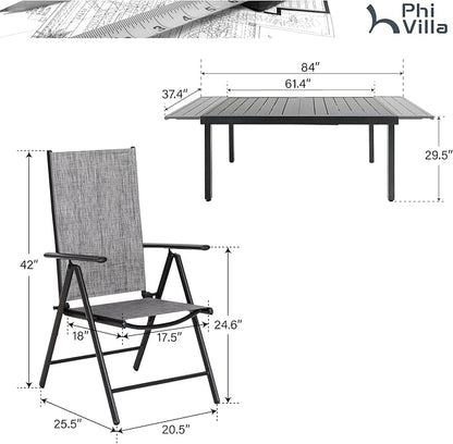 PHI VILLA 9 Piece Outdoor Dining Set, All Weather Furniture Patio Table and Chairs for 8 with Adjustable Lightweight Patio Folding Dining Chairs (Grey) & Extendable Metal Table for Garden, Yard