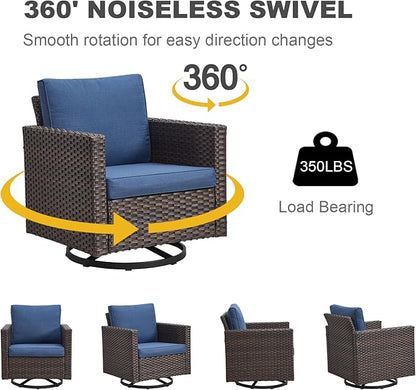 Luxury Outdoor Swivel Patio Chairs Set of 4, Wicker Swivel Outdoor Chairs Set of 4, 4 Piece Patio Furniture Set for Porch, Deck, Sunroom, Yard, Poolside, Brown/Blue