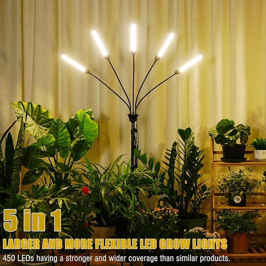 LED Grow Lights for Indoor Plants 5 Heads 450 LEDs Full Spectrum, Plant Lights for Indoor Growing with Stand, Plant Grow Lights with Auto 3/6/9/12/15/18H Timer for Indoor Tall Plants.
