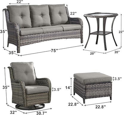 Outdoor Wicker Patio Furniture Set - 6 Piece Rattan Patio Conversation Set with 2 Rocking Swivel Chairs,2 Ottomans,1 Sofa and 1 Side Table for Porch Deck Backyard Garden(Mixed Grey/Grey)
