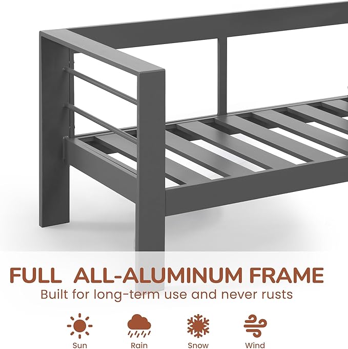 Solaste Aluminum Patio Furniture Set with Fire Pit Table, 7 Seats Metal Outdoor Furniture with Water-Resistant Cushions, Modern Patio Conversation Set for Balcony, Front Porch, and Backyard, Grey
