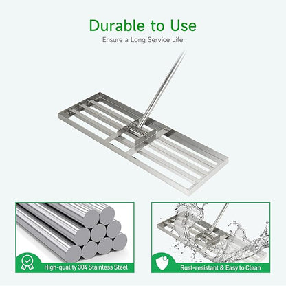 GreatBuddy Lawn Leveling Rake 30'' x 10", Heavy-Duty Stainless Steel Lawn Leveling Tool for Lawn, Soil, Sand, 78'' Extra Long Handle, Ideal for Yard, Garden