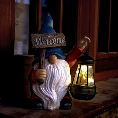 Garden Gnome Outdoor Decoration Solar Gnomes Statue with Lantern LED Lights,Terrace Courtyard Lawn Patio Porch Fall Decoration Halloween Christmas Housewarming Gift for Mom Women, Gnome Blue