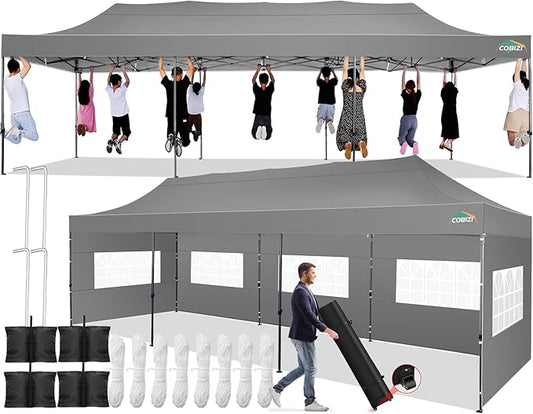 COBIZI 10x30 Pop up Canopy Tent 10x30 Canopy with 8 Sidewalls Waterproof Heavy Duty Commercial Canopy Tent for Parties Outdoor Tent Garden Gazebo Tent, Carry Bag with Wheel(10x30ft, Gray)