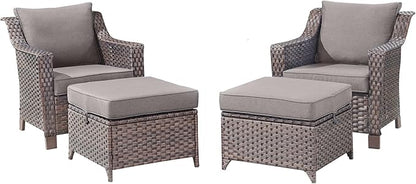 Outdoor Wicker Chair Patio Chairs-Rattan Wicker Chairs with Ottomans Patio Conversation Sets for Porch Garden Balcony Backyard Poolside-Brown/Grey