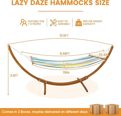 Lazy Daze Hammocks Cotton Fabric Spreader Bar Hammock and 10.5 Ft Wood Arc Hammock Stand Combo, for Outdoor, Indoor, Patio, Backyard, Blue and Yellow