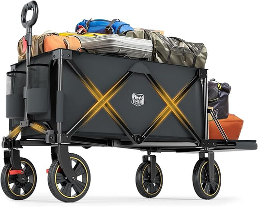 Timber Ridge 49" Extra Long Collapsible Folding Wagon with Tailgate and Brakes, 300lbs Heavy Duty Foldable Wagon with Adjustable Handle, 250L Capacity Portable Cart for Outdoor Camping Sports, Grey