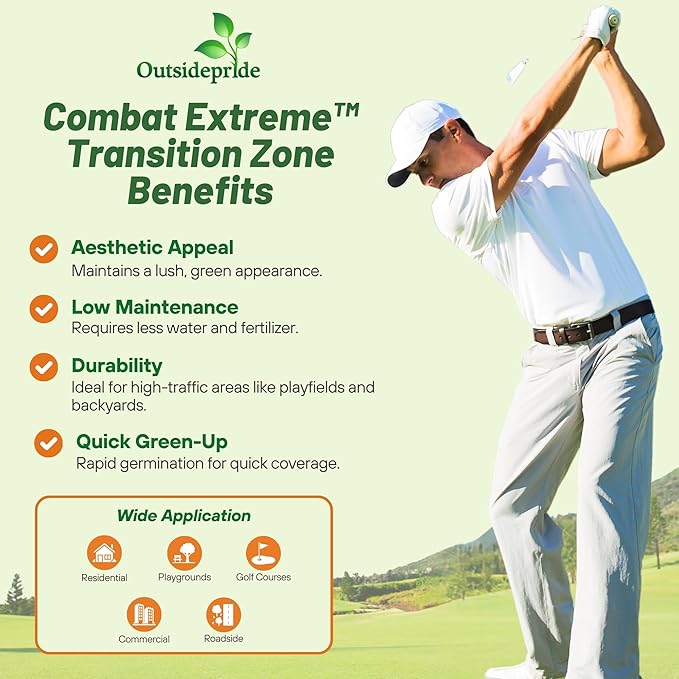 Outsidepride Combat Extreme Transition Zone Grass Seed Blend for Lawn 10 lbs - Fine, Medium Leaf Blades & Dense Turf for Sun, Shady & High Traffic Areas w/OptiGrowth Coating for Seed Enhancement