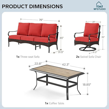 MFSTUDIO 4 Pieces Outdoor Patio Furniture Set, Metal Outdoor Conversation Set, Rattan Wicker Patio Sectional with 2 x Swivel Single Sofa, 3-Seat Sofa, 1 x Coffee Table, Red
