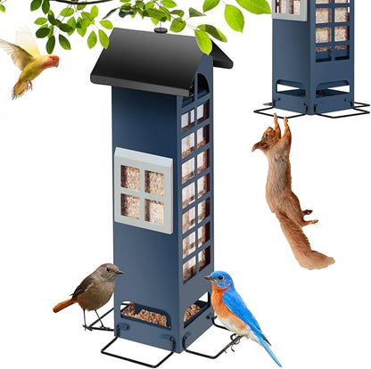 Squirrel Proof Bird Feeder,Mesh Metal Bird Feeders for Outdoors Hanging,2LB Large Capacity, Gravity Protection Squirrel Proof Wild Bird Feeders with Finch Cardinal Chickadee (Blue)