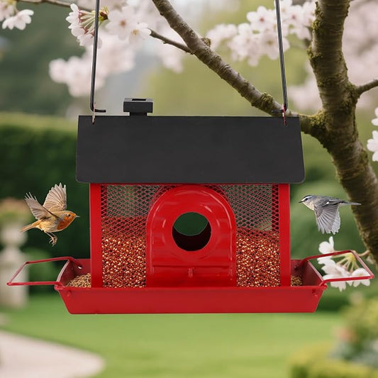 Bird Feeder House for Outdoors – Red Metal Hanging Bird Feeder, Decorative Bird House Feeder for Cardinals, Finches, and Wild Birds, Weatherproof Backyard Garden Decor