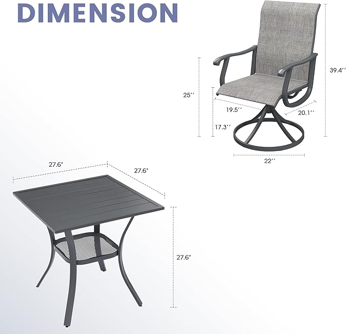 VICLLAX 3 Pieces Outdoor Dining Set, Patio Furniture Set of 2 Patio Swivel Dining Chairs and Small Dining Table with Storage Shelf, Grey Chairs & Dark Grey Frame