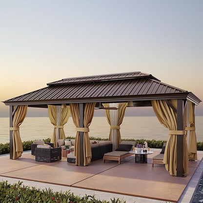 HOTEEL 12x20 Hardtop Gazebo with Metal Roof & Drainage System, Heavy Duty Galvanized Steel Gazebo with Reinforced Aluminum Frame, Privacy Curtains and Netting, for All-Weather, Brown (2025 Upgraded)