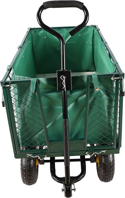 Heavy Duty Garden Wagon with Foldable Sides, Pneumatic Tires, Adjustable Handle (Green + Cloth Pocket)