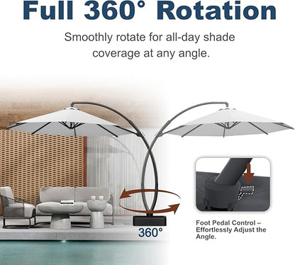 11FT Cantilever Umbrella with Base Large Curvy Outdoor Aluminum Offset Umbrella w/ 360° Rotation, UV Resistant Canopy for Patio, Garden, Backyard, Light Gray