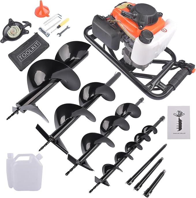 Gas Powered Post Hole Digger Earth Auger - 72cc 4-Stroke Engine with 4"/6"/8"/12" Drill Bits & 8"/12"/20" Extension Rods for Farmland, Garden, Planting