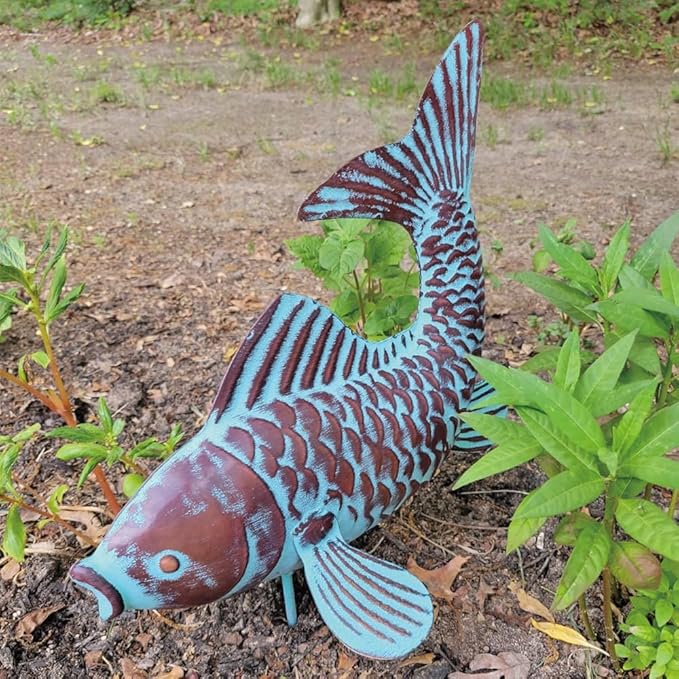 Metal Koi Fish Sculptures, Outdoor Garden Sculptures & Statues, Antique Copper Koi Pond Decor, Set of 2 Koi Fish Figurines Artwork, Garden Statue for Indoor Outdoor Patio Backyard Home Kitchen