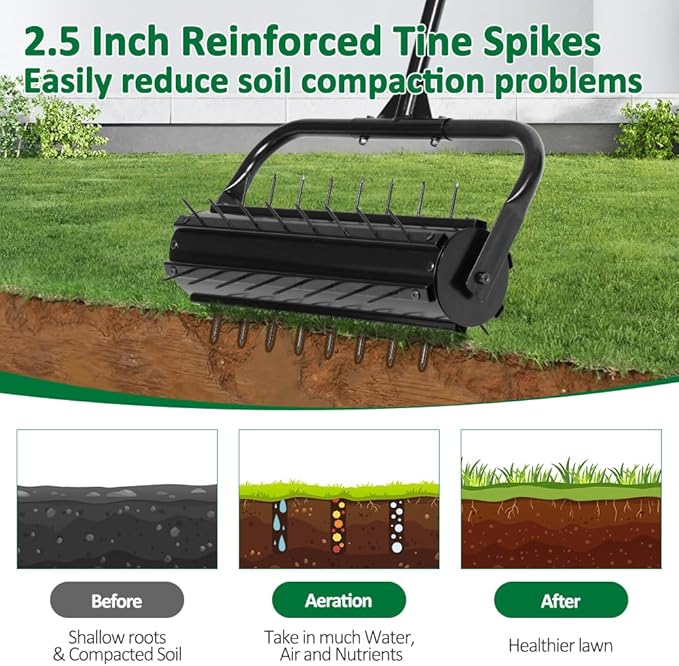 SMONTER Manual Lawn Aerator, 22” Heavy Duty Rolling Aerator Lawn Tool for Yard Garden, Aeration Tool with Spike Soil Penetrator