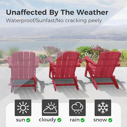 Folding Adirondack Chair with Wood Texture, HDPE All-Weather Fire Pit Chairs, Plastic Adirondack Chairs with 2 Cup Holder, Outdoor Lawn Chair for Patio Garden (Red)