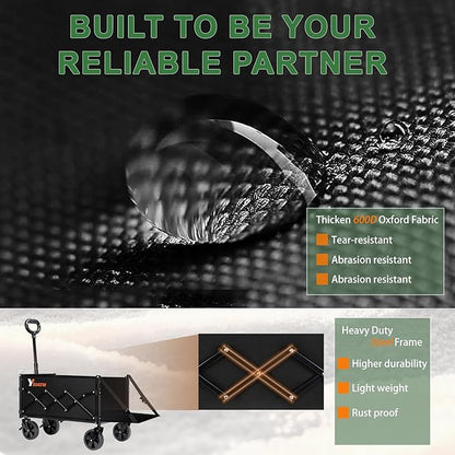 Collapsible Folding Wagon Cart with Tailgate - 300lbs Heavy Duty Foldable Utility Wagon and Brake Wheels - 100L Lightweight Grocery Wagons for Shopping Camping Sports Garden, Black