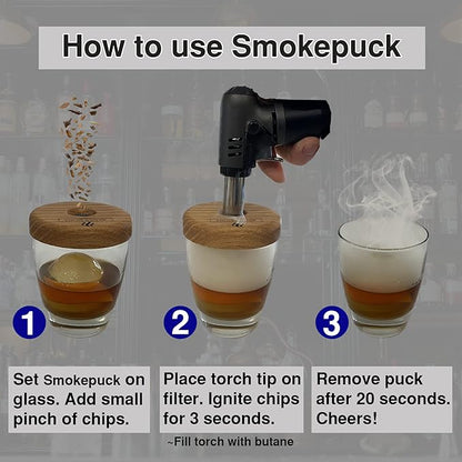 Cocktail Smoker Kit - Made in USA - Lifetime Warrenty - Apple+Cherry+Walnut Wood Chips - Create Smoked Old Fashioned - Great Bourbon Gift - Premium Torch & NEW Gift Box. (Includes Butane)