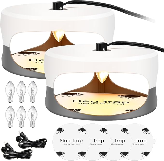 Flea Traps for Inside Your Home 2 Packs, Flea Trap for Indoor, Bed Bug Killer with Sticky Pads & Light Bulb Replacement, Natural Flea Infestation Treatment